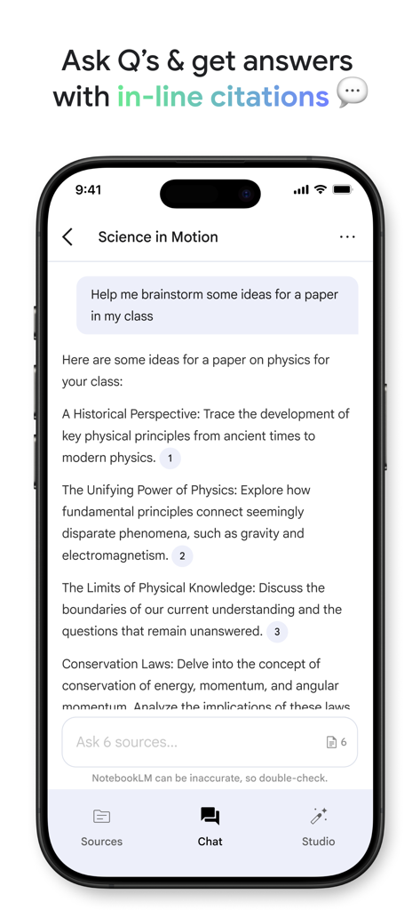 Una pantalla de teléfono inteligente que muestra Google NotebookLM brindando ideas para artículos de investigación con citas en línea en una interfaz de chat