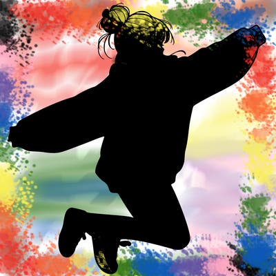 realistic girl jumping with a bun and oversized sweatshirt