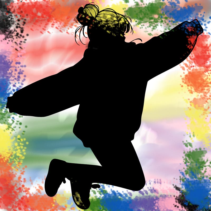 realistic girl jumping with a bun and oversized sweatshirt