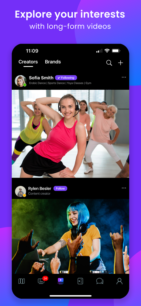 Netbinc: Social, Videos, Chat - Netbinc app interface showing a social media feed with long-form videos from fitness and music creators.
