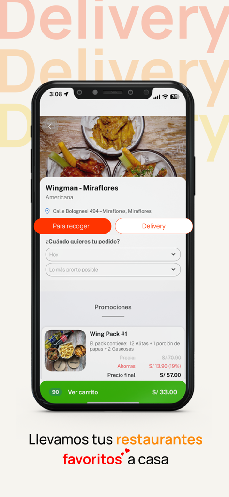 Interfaz móvil de la aplicación MESA 24 7 mostrando opciones de entrega y recogida de comida para un restaurante en Perú