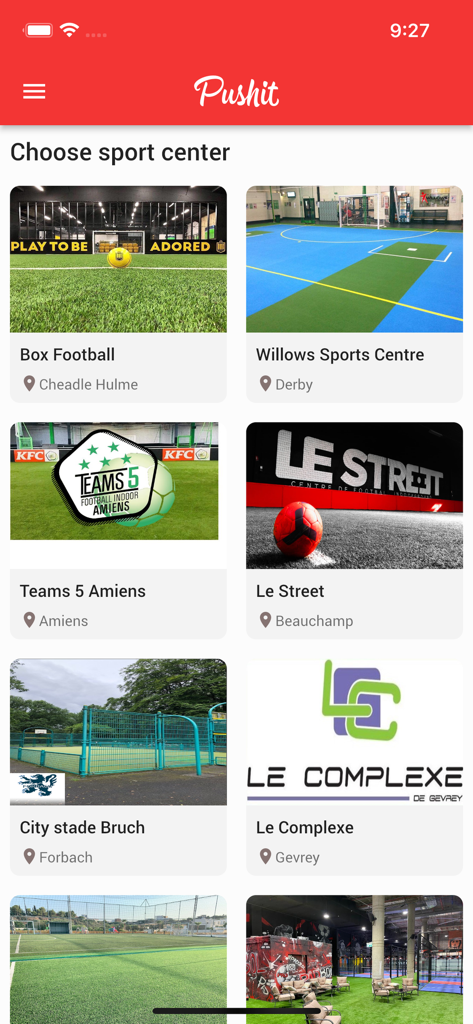 A screen in the PUSHIT app where users can select their sports facility from a list of various indoor and outdoor centers