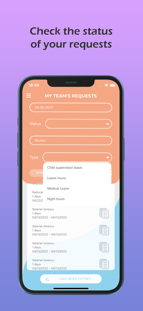 colorful.hr - Colorful.hr mobile app interface showing a list of team leave requests and status filtering options