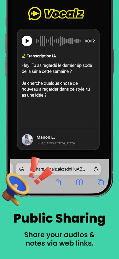 Vocalz: AI Voice Messenger - Vocalz 앱 인터페이스, 공개 웹 링크를 통해 음성 메시지 및 AI 받아쓰기를 공유하는 방법 표시