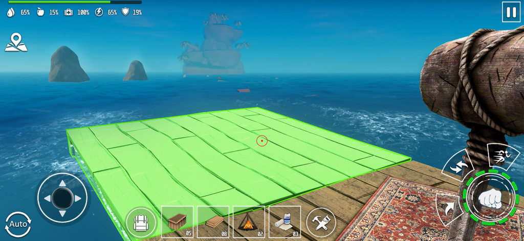 Woodcraft Survival Island Game - First-person view of building a wooden platform over the ocean in Woodcraft Survival Island Game.