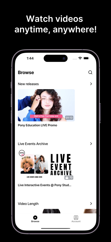 Pony Education LIVE - Écran de navigation de l'application Pony Education LIVE présentant des tutoriels vidéo professionnels de coiffure et des événements en direct.