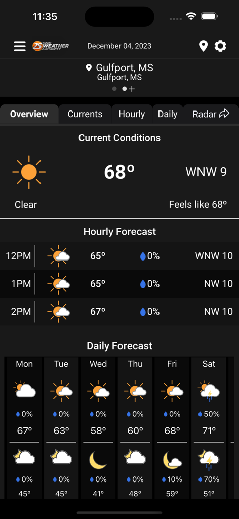 WXXV Weather app screen showing current temperature and local forecast for Gulfport Mississippi
