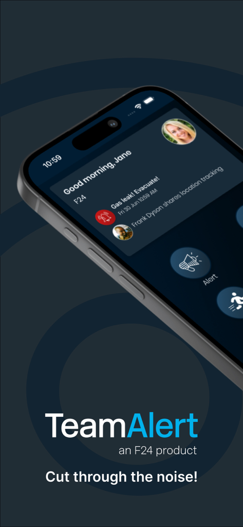 TeamAlert app interface on an iPhone showing a critical evacuation alert for a gas leak.