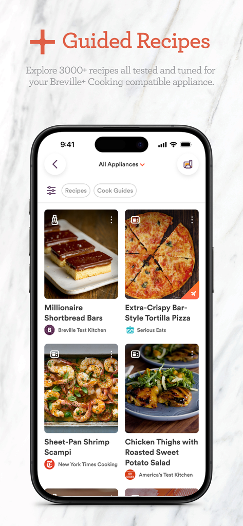 Breville+ Cooking - Interface of the Breville Plus Cooking app featuring a variety of guided recipes