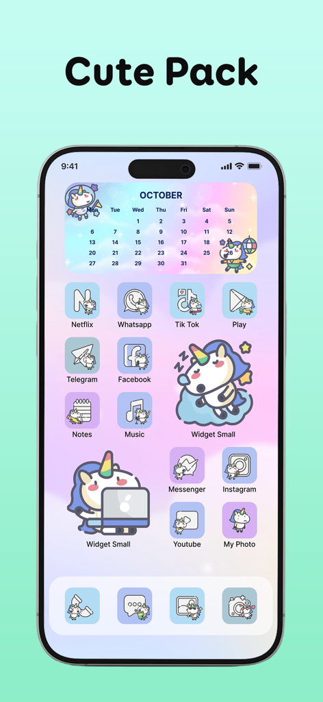 A cute unicorn aesthetic theme pack featuring pastel widgets and custom icons on an iPhone home screen