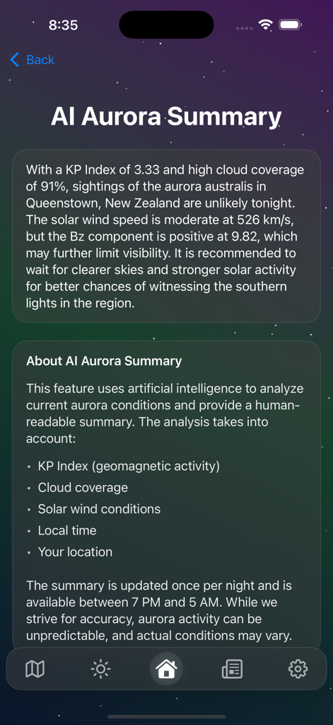 AuroraWatch: Aurora Alerts - AI-generated aurora visibility summary with KP index and cloud coverage data.