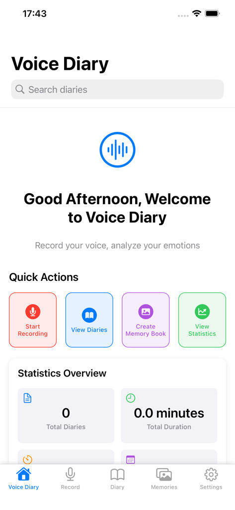 VionEcho - Home screen of VionEcho voice diary app with quick action buttons and diary statistics