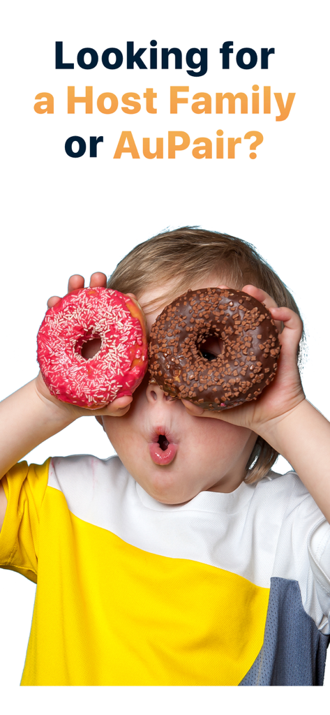 Match AuPair - A young boy holding two donuts over his eyes like glasses with text asking if you are looking for a host family or aupair