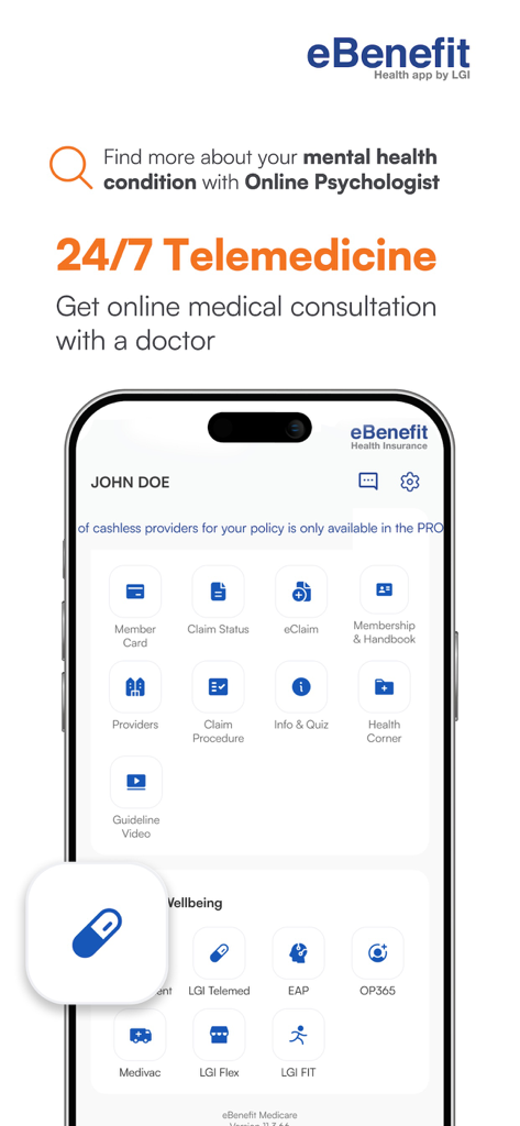 eBenefit app interface displaying 24/7 telemedicine and online psychologist features