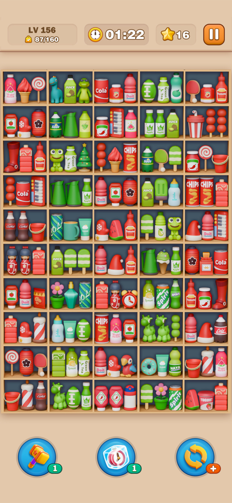 木製の棚にカラフルな食品や家庭用品が置かれた3Dソーティングパズルゲームの画面