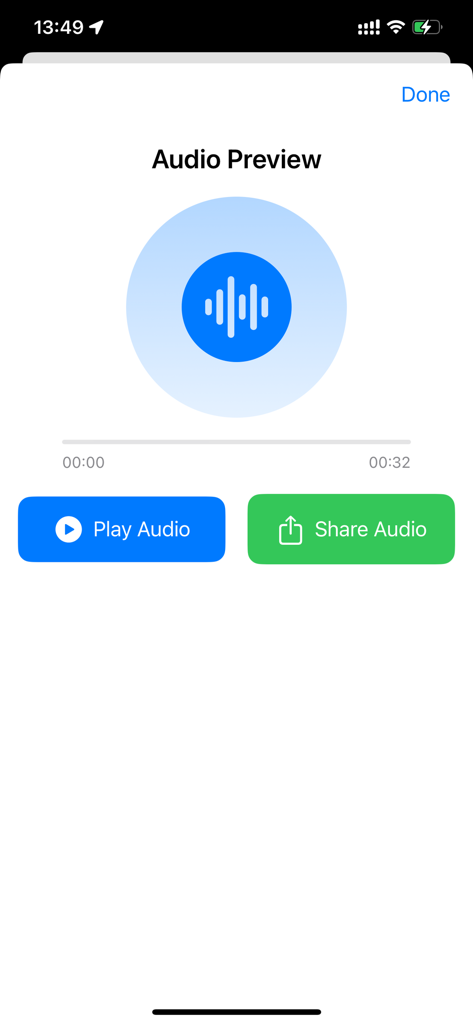 Audio Looper - Audio Repeater - Audio preview interface with play and share buttons in Audio Looper app