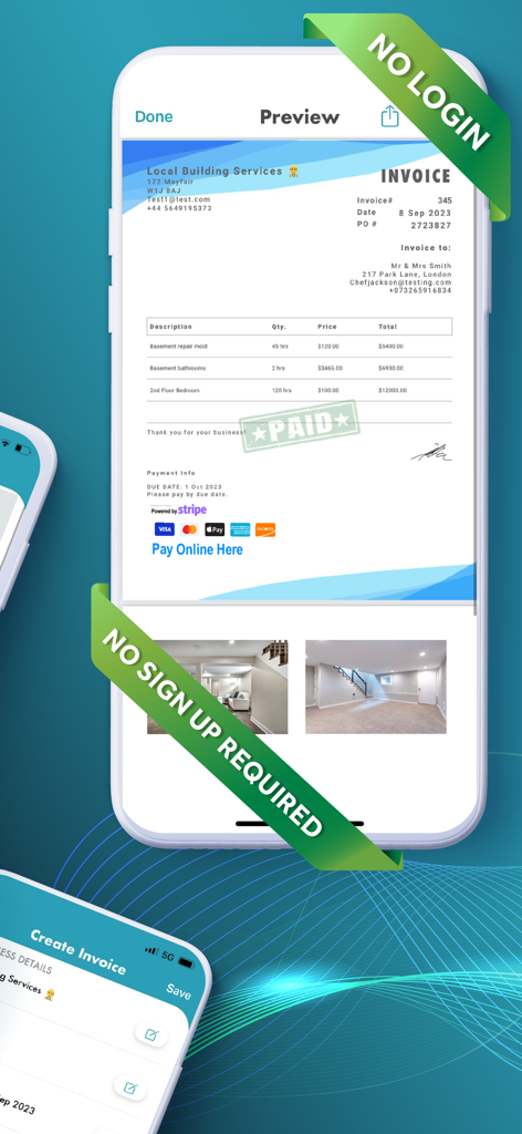 Prévia de fatura móvel apresentando uma conta profissional de serviço de construção com carimbo de pago e opções de pagamento Stripe.