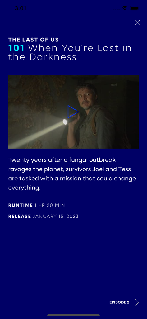 HBO Max FYC - Schermata dei dettagli dell'episodio per The Last of Us sull'app HBO Max FYC con un'anteprima video e informazioni sulla durata.