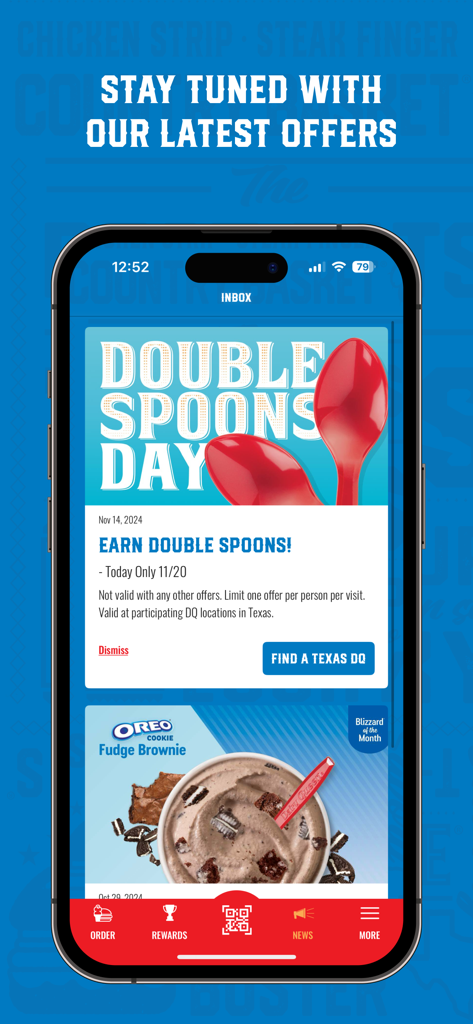 Texas Dairy Queen app screen showing latest rewards and offers
