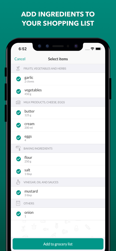 körbchen | Recipe Manager - 買い物リストに追加するレシピの材料を選択するためのモバイルインターフェース