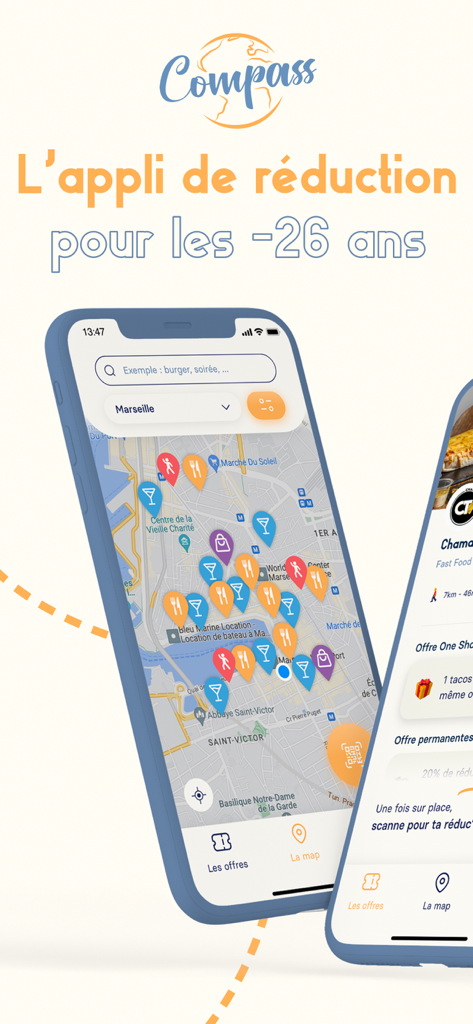 Carte Compass - Screenshot of the Carte Compass mobile app displaying a geolocated map with local discount icons for young adults