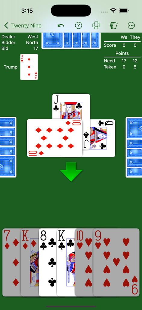 Pantalla de juego de 29 Card Game mostrando cartas sobre una mesa verde con indicadores de puntuación y triunfo