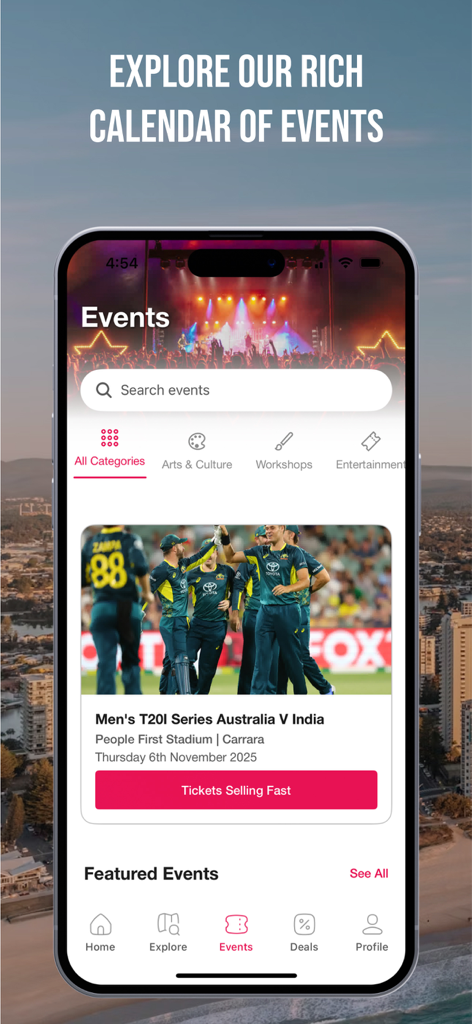 Experience Gold Coast - The Experience Gold Coast app showing an events calendar with a featured cricket match between Australia and India.