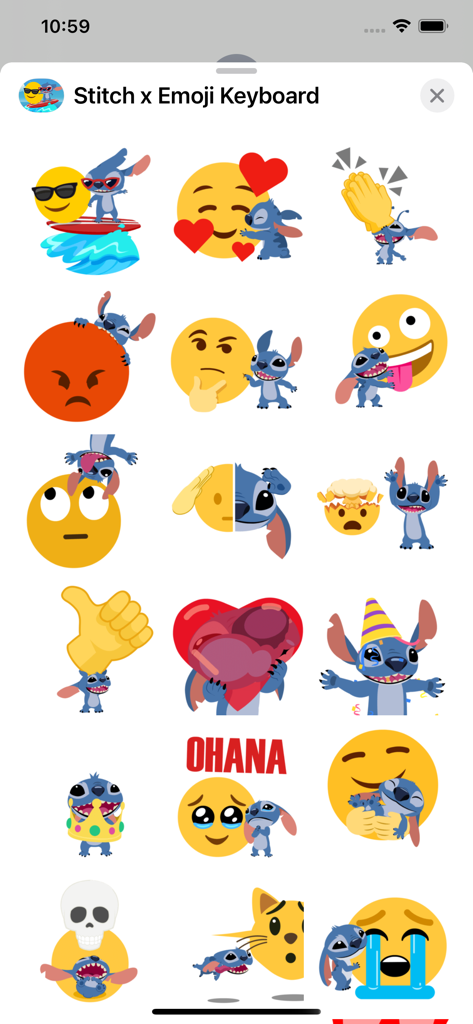 Una colección de stickers animados de Stitch interactuando con varios emojis clásicos como corazones y caras sonrientes