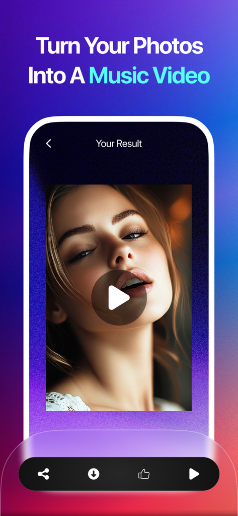 Talking Picture - Tokkingheads - Benutzeroberfläche der Talking Picture App, die ein KI-generiertes Musikvideo aus einem Porträtfoto zeigt