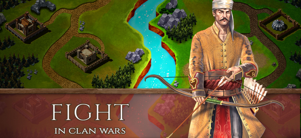 An Ottoman archer commander in traditional attire holding a bow over a strategy game map.