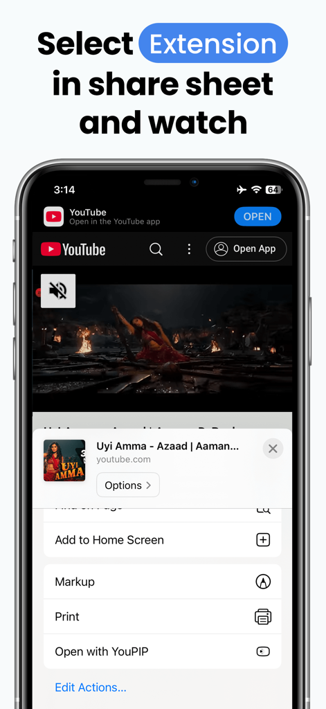 iPhone screen showing how to select the YouPIP extension in the Safari share sheet to watch videos in picture in picture mode