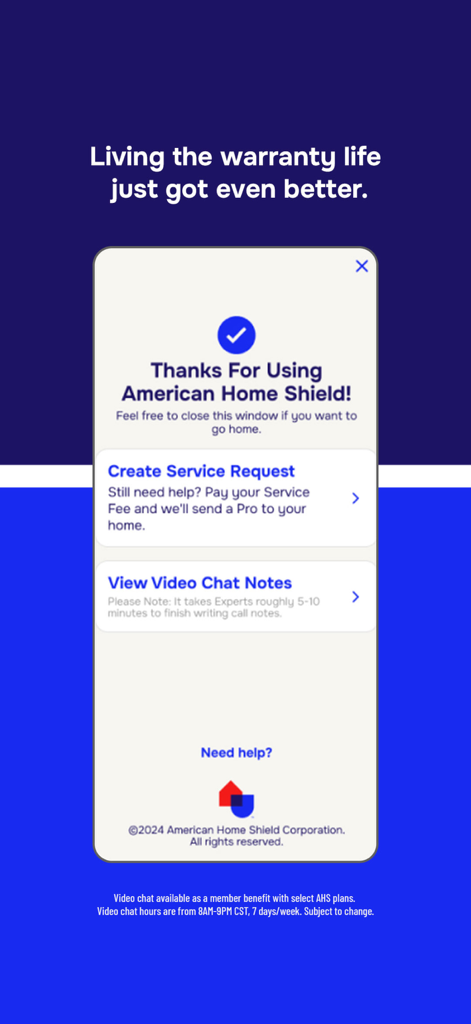 American Home Shield app interface displaying options to create a service request or view video chat notes.