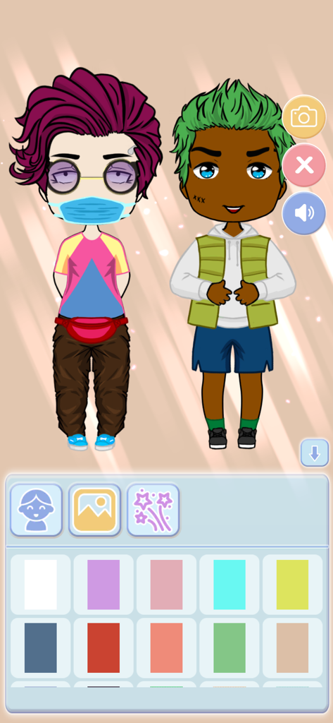 Chibi Boy – Avatar Creator - Two customized chibi boy characters with colorful hair and outfits in a character creator interface