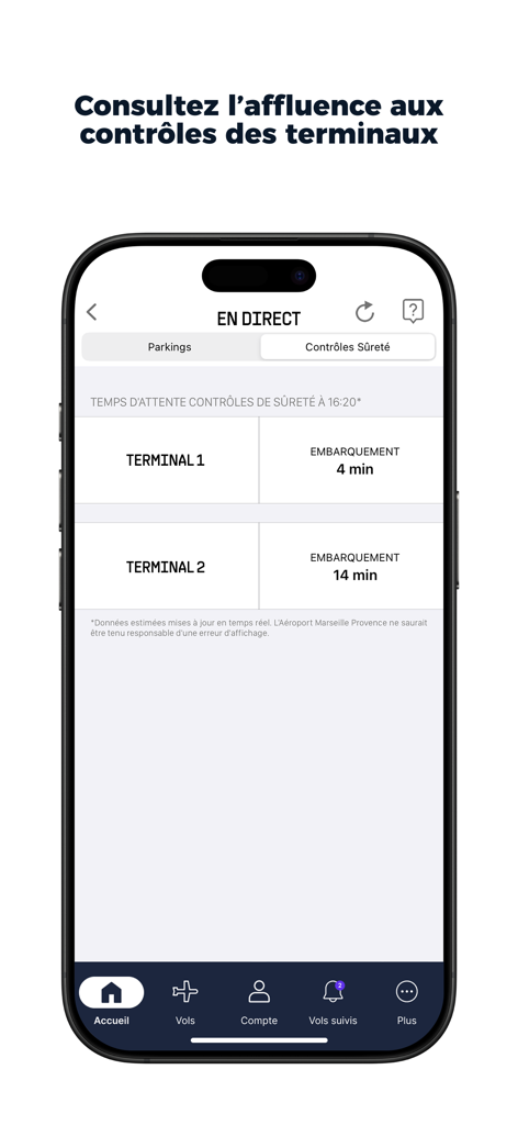 Aéroport MP - Interfaccia dell'app dell'Aeroporto di Marsiglia che mostra i tempi di attesa della sicurezza in tempo reale per il Terminal 1 e il Terminal 2