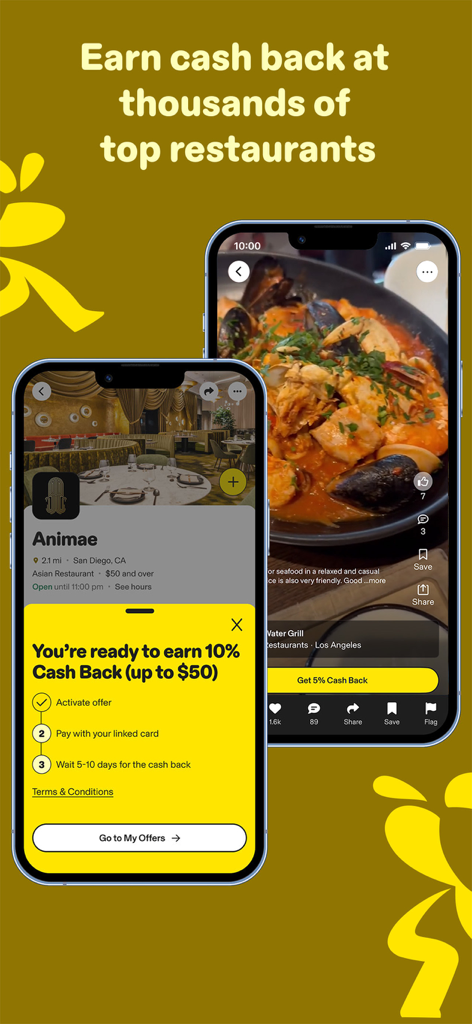 Two mobile phones displaying the Franki app interface with cash back offers at top restaurants and a seafood video review.