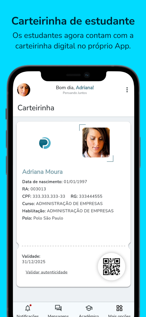 Meu eduCONNECT - Digital student identification card displayed within the Meu eduCONNECT mobile application