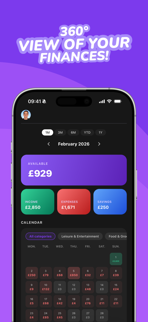 Trya - Budget Planner & Money - Trya app interface showing a 360-degree view of monthly finances including income expenses and a spending calendar