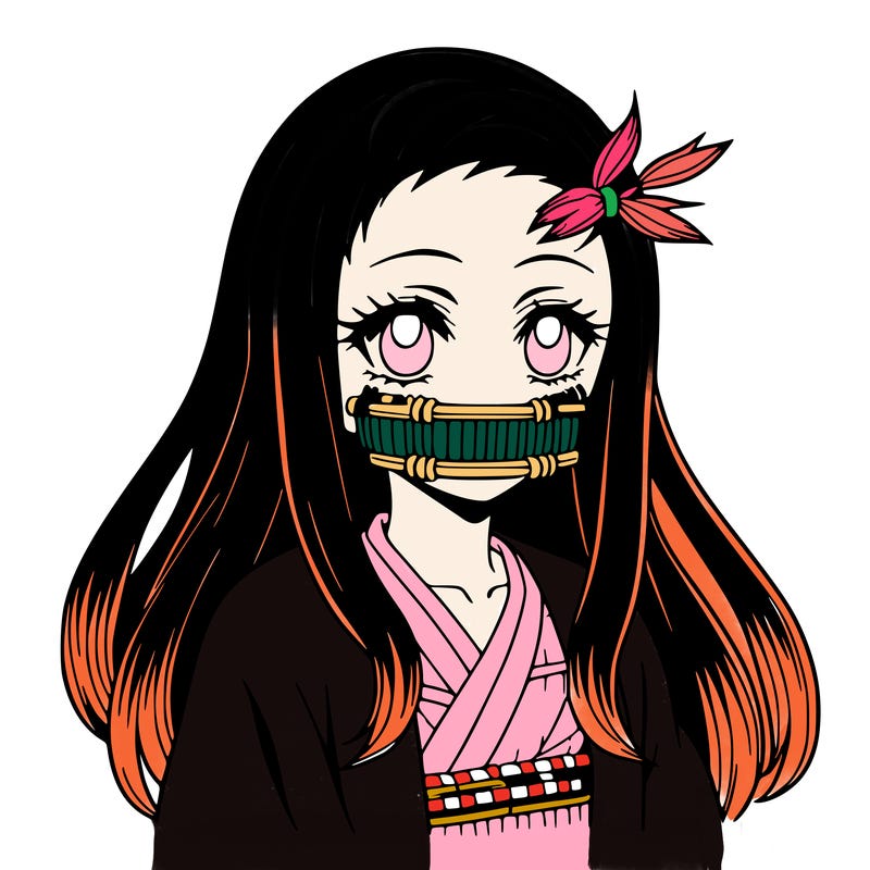 nezuko anime girl with bamboo muzzle and black hair with dyed ends