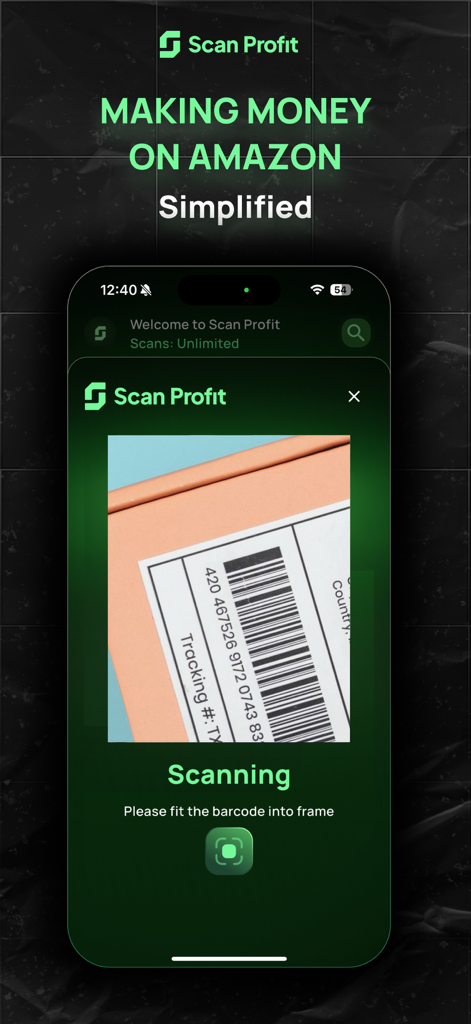 Smartphone screen showing the Scan Profit app scanning a product barcode for Amazon FBA sourcing