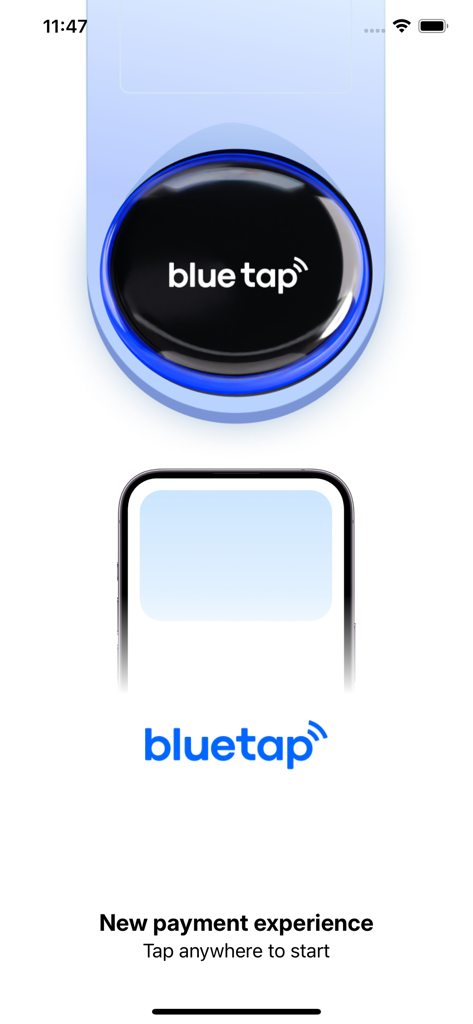 Bluetap App - Bluetap 앱 시작 화면에 파란색 링 비접촉 결제 단말기와 스마트폰이 표시됩니다.