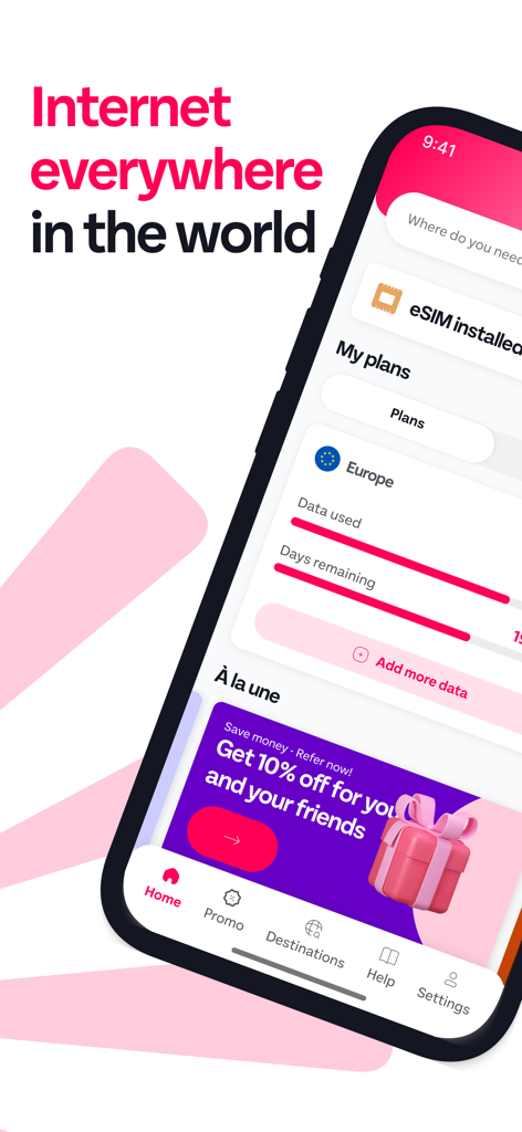 GoMoWorld: Travel eSIM | Data - Interfaz de la aplicación móvil GoMoWorld que muestra planes de datos eSIM de viaje para viajeros globales