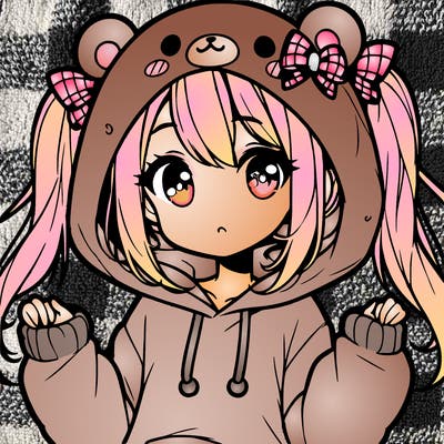cute anime girl with ponytails and a cute bear hoodie