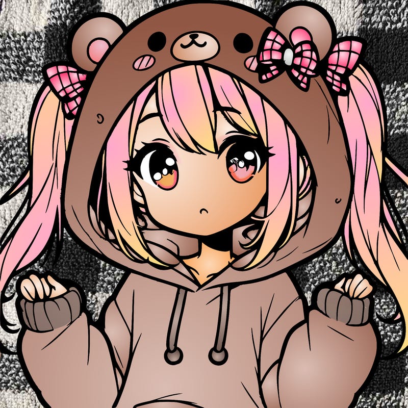 cute anime girl with ponytails and a cute bear hoodie