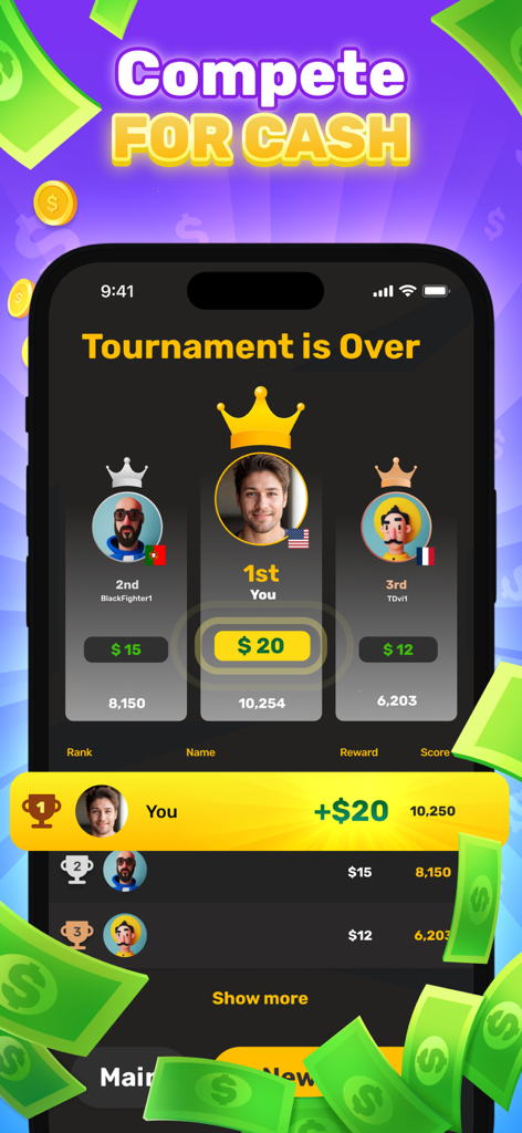 Win Real Money: PlayOff Games - A tournament leaderboard screen in the PlayOff Games app showing a first place winner with a twenty dollar cash reward.