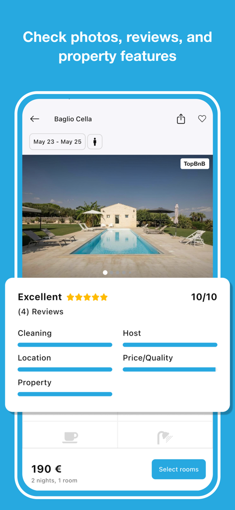 Case Vacanza Italia - Case Vacanza Italia app interface showing property ratings and reviews for an Italian vacation home.