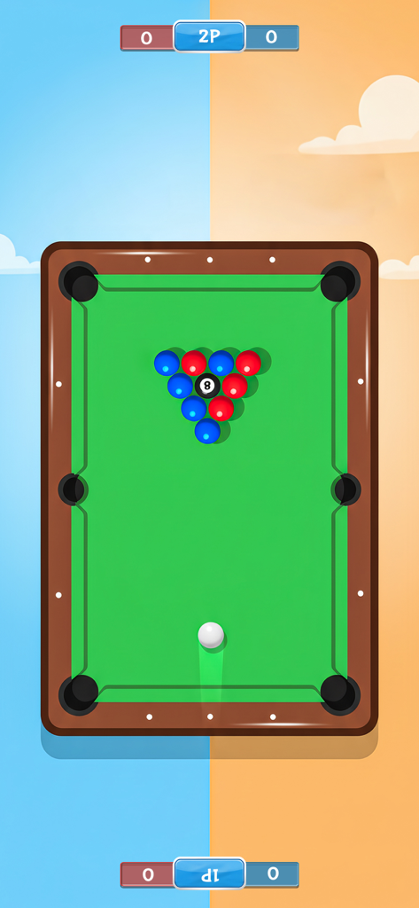 A top down view of a billiard table for a two player mobile game