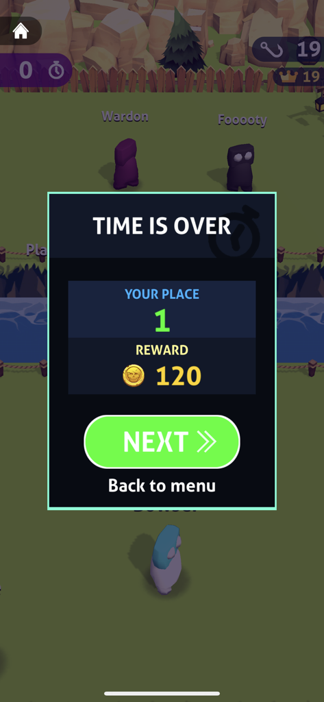 End of match screen showing first place rank and coin reward in the Imposter Who mobile game.