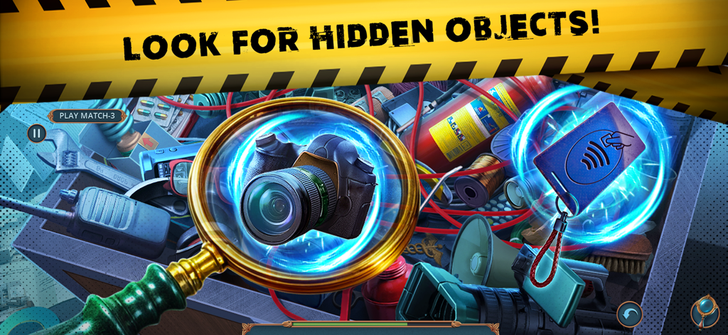 A magnifying glass highlighting a camera in a cluttered hidden object scene