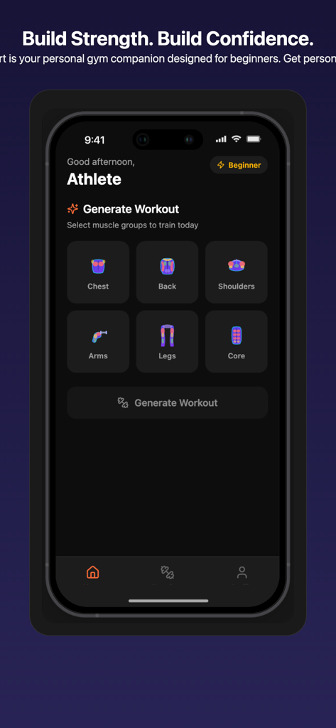 FitStart App - FitStart App workout generator interface for selecting muscle groups like chest, back, and legs.
