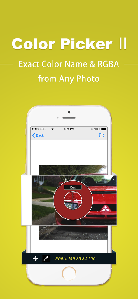 A smartphone interface showing the Color Picker feature identifying the color red and RGBA values from a photo of a car.